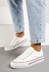 Biało-Czerwone Klasyczne Sznurowane Trampki na Grubej Podeszwie Ravarella. Białe trampki damskie Born2be, bez wzorów, z materiału, bez zapięcia. Za 44.99 zł.