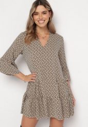 Brązowa Rozkloszowana Sukienka Mini z Geometrycznym Wzorem i Falbanką Manta. Brązowe sukienki damskie Born2be, bez wzorów, bez ramiączek. W wyprzedaży za 93.49 zł.