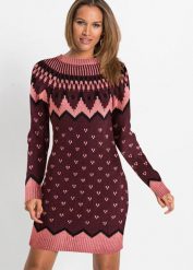Sukienka dzianinowa w norweski wzór. Czerwone sukienki damskie bonprix, bez wzorów, z dzianiny, eleganckie, bez ramiączek. Za 149.99 zł.