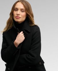 Superdry Dwurzędowy płaszcz z mieszanki wełny – Slim Fit. Czarne płaszcze damskie Superdry, bez wzorów, z materiału, bez kaptura. Za 1,254.30 zł.