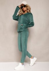 Ciemnozielony Welurowy Komplet Dresowy Bluza z Kapturem i Proste Spodnie Arislo. Zielone bluzy damskie Renee, s, bez wzorów, z dresówki, z kapturem. Za 74.99 zł.