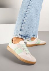 Biało-Zielone Sneakersy na Kauczukowej Podeszwie Ozdobione Paskami Emidi. Białe obuwie sportowe damskie Renee, z jeansu, bez zapięcia. Za 69.99 zł.