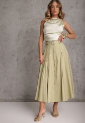 Zielona Rozkloszowana Spódnica z Kieszonkami i Paskiem z Klamrą Qualea. Zielone spódnice damskie Renee, na co dzień, l, bez wzorów, z bawełny, eleganckie, midi. Za 119.99 zł.