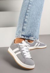Szare Sneakersy Ozdobione Motywem Pasków Flortewi. Szare obuwie sportowe damskie Renee, na lato, z jeansu, bez zapięcia. Za 99.99 zł.