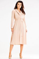 Rozkloszowana Sukienka z Zakładanym Kołnierzem - Beżowa. Brązowe sukienki damskie Awama, bez wzorów, z elastanu, wizytowe, bez ramiączek. Za 289.90 zł.
