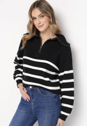 Czarno-Biały Golf Sweter Zapinany na Suwak w Paski Sakine. Czarne golfy damskie Born2be, m, bez wzorów, bez ramiączek. Za 119.99 zł.