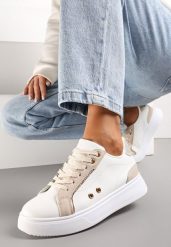 Biało-Beżowe Sneakersy z Metalicznymi Wstawkami na Grubej Podeszwie Amoone. Białe obuwie sportowe damskie Renee, bez zapięcia, trekkingowe. Za 79.99 zł.