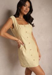 Beżowa Taliowana Sukienka z Wiskozy i Domieszką Lnu Ozdobiona Guzikami Nolzemira. Brązowe sukienki damskie Renee, bez wzorów, z jeansu, eleganckie, bez ramiączek. W wyprzedaży za 83.99 zł.