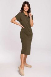 Bawełniana sukienka koszulowa z kołnierzykiem zielona. Zielone sukienki damskie Bewear, bez wzorów, z bawełny, biznesowe, bez ramiączek. Za 319.00 zł.