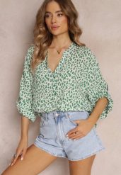 Zielona Rozszerzana Bluzka w Kwiaty z Rękawem 3/4 z Wiskozy Alethi. Zielone bluzki damskie Renee, plus size, bez wzorów, z wiskozy, bez kołnierzyka, plus size, bez ramiączek. Za 69.99 zł.