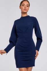 Elegancka sukienka z marszczeniami i bufiastymi rękawami granat. Sukienki damskie Sukienki.shop, bez wzorów, z elastanu, biznesowe, bez ramiączek. Za 379.00 zł.