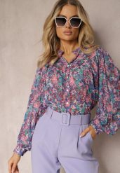 Niebiesko-Fioletowa Koszula w Kwiatowy Wzór z Prześwitującej Tkaniny Omertala. Niebieskie koszule damskie Renee, l, bez wzorów, z jeansu, eleganckie, bez kołnierzyka, bez ramiączek. Za 89.99 zł.