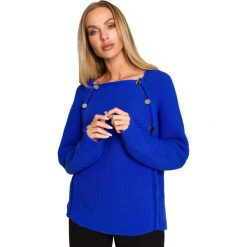 Sweter z Metalowymi Guzikami - Szafirowa. Niebieskie swetry klasyczne damskie MOE, l, z materiału, bez kołnierzyka. Za 254.90 zł.