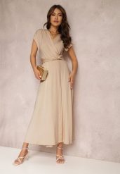 Beżowa Sukienka Kopertowa Appephone. Brązowe sukienki damskie Renee, bez wzorów, z tkaniny, glamour, bez ramiączek. W wyprzedaży za 99.99 zł.