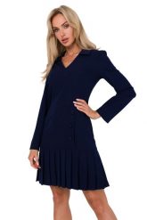 Elegancka sukienka z dekoltem V i kontrafałdami granatowa. Sukienki damskie MOE, bez wzorów, z elastanu, biznesowe, bez ramiączek. Za 319.00 zł.