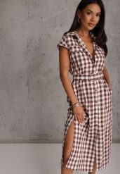 Brązowa Letnia Sukienka Koszulowa z Bawełny w Kratkę Vichy Arede. Brązowe sukienki damskie Renee, bez wzorów, z bawełny, boho, bez ramiączek. Za 129.99 zł.
