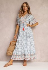 Jasnoniebieska Sukienka Maxi z Krótkim Rękawem i Gumką w Talii Emaya. Niebieskie sukienki damskie Renee, bez wzorów, z tkaniny, boho, bez ramiączek. W wyprzedaży za 83.99 zł.