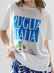 Bawełniana koszulka loose fit z nadrukiem - biały. Białe koszulki damskie Sinsay, l, bez wzorów, z bawełny, bez kołnierzyka, bez ramiączek. Za 25.99 zł.