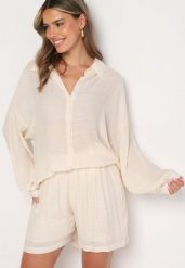 Beżowy Komplet Koszula z Długim Rękawem Szorty Tordia. Brązowe koszule damskie Born2be, uniwersalny, bez wzorów, z bawełny, eleganckie, bez kołnierzyka, bez ramiączek. Za 129.99 zł.