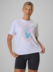 4F T-shirt loose z nadrukiem damski - biały L. Białe t-shirty damskie 4F, l, bez wzorów, z bawełny, bez kołnierzyka. W wyprzedaży za 39.99 zł.