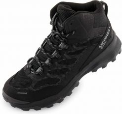 Damskie buty outdoorowe Merrell Speed strike Mid Gtx w kolorze czarnym. Czarne obuwie trekkingowe damskie Merrell, z gore-texu, za kostkę, bez zapięcia. Za 664.99 zł.