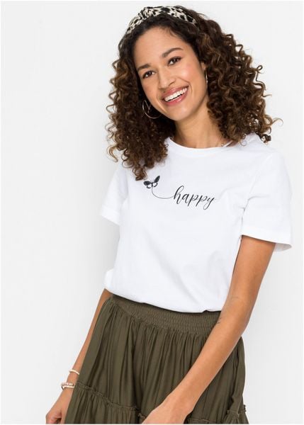 T-shirt z czystej bawełny. Niebieskie t-shirty damskie bonprix, bez wzorów, z bawełny, bez kołnierzyka. Za 37.99 zł.