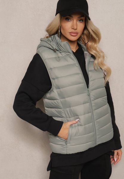 Jasnozielona Kamizelka z Kapturem Ozdobiona Pikowaniem Sintaria. Zielone kamizelki damskie Renee, l, bez wzorów, z jeansu, z kapturem. Za 109.99 zł.