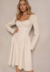 Beżowa Sukienka o Rozkloszowanym Kroju z Gorsetową Górą Tillitte. Brązowe sukienki damskie Renee, bez wzorów, eleganckie, bez ramiączek. W wyprzedaży za 135.99 zł.