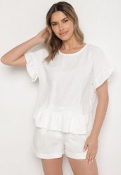 Biała Bluzka o Kroju Oversize z Falbanami Livelle. Białe bluzki damskie Born2be, uniwersalny, bez wzorów, z jeansu, bez kołnierzyka, bez ramiączek. Za 59.99 zł.