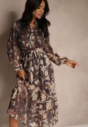 Szara Sukienka o Rozkloszowanym Kroju z Wiązanym Paskiem i Metaliczną Nicią Nalimirae. Szare sukienki damskie Renee, bez wzorów, z elastanu, bez ramiączek. Za 139.99 zł.