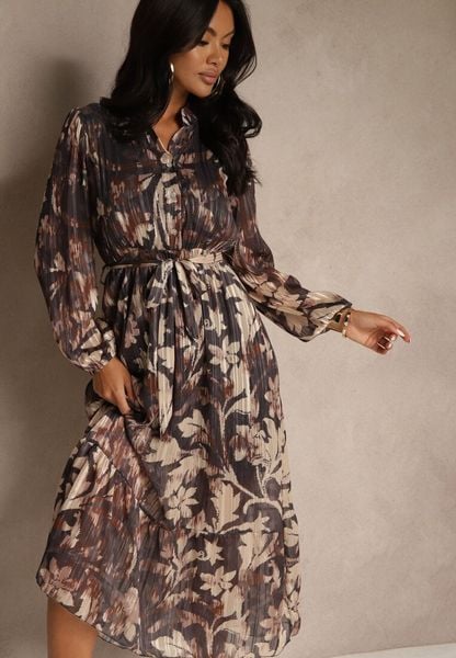 Szara Sukienka o Rozkloszowanym Kroju z Wiązanym Paskiem i Metaliczną Nicią Nalimirae. Szare sukienki damskie Renee, bez wzorów, z elastanu, bez ramiączek. Za 139.99 zł.