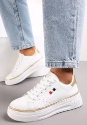 Biało-Beżowe Sznurowane Sneakersy na Płaskiej Podeszwie z Lamówką Fedat. Białe obuwie sportowe damskie Renee, bez zapięcia. Za 69.99 zł.