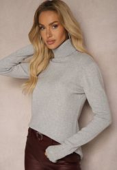 Szary Golf Sweter o Dopasowanym Kroju z Kaszmirem Zairith. Szare golfy damskie Renee, z aplikacjami, z jeansu, bez ramiączek. Za 79.99 zł.