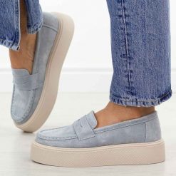 Niebieskie skórzane mokasyny damskie Potocki 87308. Niebieskie mokasyny damskie POTOCKI, na lato, z jeansu, bez obcasa. Za 199.00 zł.