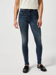 WRANGLER DAMSKIE SPODNIE JEANSOWE WRANGLER HIGH SKINNY HARMONY BLUES 112355900. Rurki damskie Wrangler, bez wzorów, z jeansu. Za 199.99 zł.