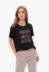Koszulka z printem, Comfort Fit, T-ROMANCE. Niebieskie koszulki damskie Volcano, m, bez wzorów, z bawełny, bez kołnierzyka, bez ramiączek. Za 59.99 zł.