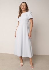 Niebieska Elegancka Sukienka VICES o Rozkloszowanym Kroju z Krótkim Rękawem Aezith. Niebieskie sukienki damskie Born2be, bez wzorów, eleganckie, bez ramiączek. Za 219.99 zł.