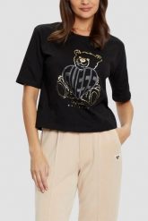GUESS Czarny t-shirt damski Bear Boxy. Czarne t-shirty damskie Guess, s, z aplikacjami, bez kołnierzyka. W wyprzedaży za 161.99 zł.