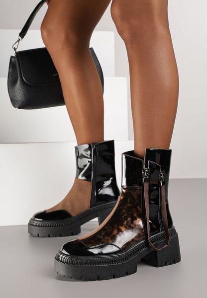 Czarno-Brązowe Botki Lakierowane Vices Ozdobione Tasiemką Rotine. Brązowe botki damskie Renee, z jeansu, eleganckie, bez obcasa, na obcasie, bez zapięcia. Za 129.99 zł.