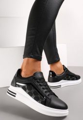 Czarno-Białe Sneakersy na Platformie z Brokatowymi Wstawkami Elsalor. Czarne obuwie sportowe damskie Renee, bez zapięcia. Za 49.99 zł.