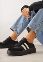 Czarne Sneakersy ze Skóry Naturalnej na Platformie z Perforacją i Paskami Urevla. Czarne obuwie sportowe damskie Renee, ze skóry, bez zapięcia. Za 169.99 zł.