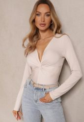 Beżowa Bluzka z Wiskozą Ozdobiona Marszczeniem Acceria. Brązowe bluzki damskie Renee, l, bez wzorów, z jeansu, eleganckie, bez kołnierzyka, bez ramiączek. Za 79.99 zł.