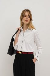 KOSZULA LOTTI BIAŁA M - Flawless. Białe koszule damskie Flawless, m, bez wzorów, z bawełny, biznesowe, bez kołnierzyka, bez ramiączek. Za 369.00 zł.