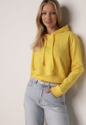 Żółta Bluza z Dodatkiem Bawełny z Kapturem Wykończona Ściągaczami Evista. Żółte bluzy damskie Born2be, l, bez wzorów, z bawełny, z kapturem. Za 49.99 zł.
