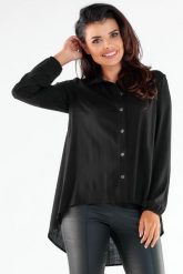Elegancka Koszula z Dłuższym Tyłem - Czarna. Czarne koszule damskie Awama, l, bez wzorów, z elastanu, eleganckie, bez kołnierzyka, bez ramiączek. Za 238.90 zł.