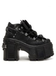 NEW ROCK Botki M-TM106-C2 Czarny. Czarne botki damskie NEW ROCK, ze skóry, rockowe, bez obcasa, na słupku, bez zapięcia. Za 1,129.00 zł.