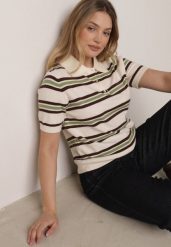 Zielono-Kremowy T-shirt Typu Polo z Wiskozą Ozdobiony Guzikami i Paskami Esefia. Zielone t-shirty damskie Born2be, m, bez wzorów, z jeansu, bez kołnierzyka. Za 119.99 zł.