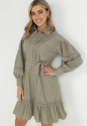 Ciemnozielona Koszulowa Sukienka z Bufiastym Rękawem i Ażurowymi Wstawkami Staples. Zielone sukienki damskie Born2be, w ażurowe wzory, vintage, bez ramiączek. W wyprzedaży za 220.99 zł.