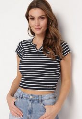 Granatowy Bawełniany T-shirt Koszulka z Krótkim Rękawem i Wycięciem przy Dekolcie Zolianara. Niebieskie bluzki damskie Born2be, m, bez wzorów, z bawełny, bez kołnierzyka. Za 34.99 zł.