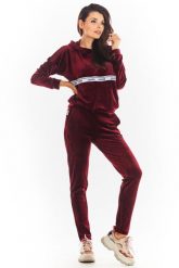Welurowe Spodnie z Logowaną Taśmą w Pasie - Bordowe. Czerwone spodnie dresowe damskie Awama, l, bez wzorów, z dresówki. Za 209.90 zł.
